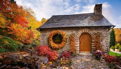 Generated image A small stone cottage with a round door, decorated with vibrant autumn foliage and flowers