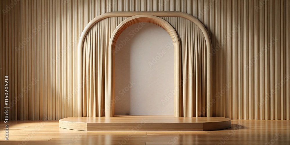 Poster Elegant Wooden Archway Display with Draped Fabric Backdrop and Platform