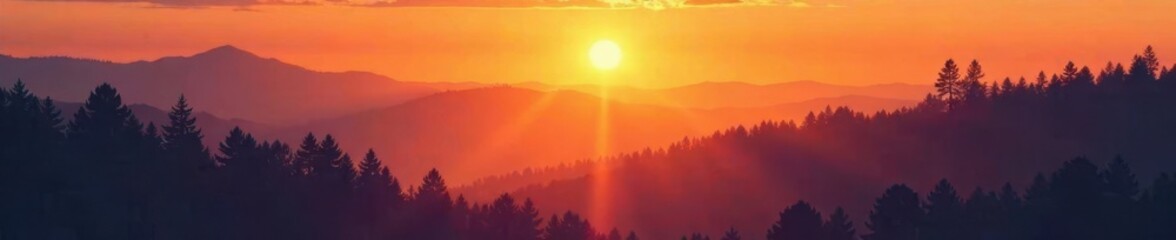 Fototapeta premium Atmospheric sunset over misty forest landscape with silhouetted trees and warm orange hues, artistic, atmosphere