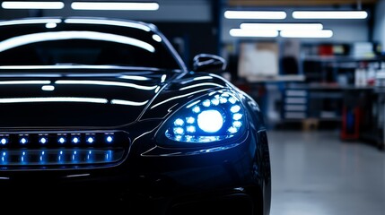 A close-up of a sleek black car with bright LED headlights in a workshop setting.