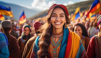 Naklejka premium Generated image A smiling young woman in traditional Armenian attire, celebrating a cultural festival