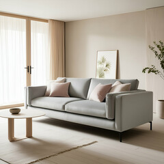 Grey corner sofa in scandinavian home interior design of modern living room.