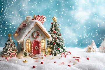 Magical Candy Cane Christmas House in Snowy Winter Wonderland