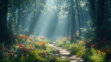 Obraz premium A serene forest path illuminated by sunlight, surrounded by vibrant flowers and greenery.