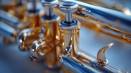 Close-up of gleaming gold trumpet valves and tubing.