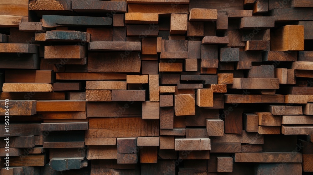 Poster wall covered in a mosaic of various wooden blocks of different shapes and sizes, creating a textured