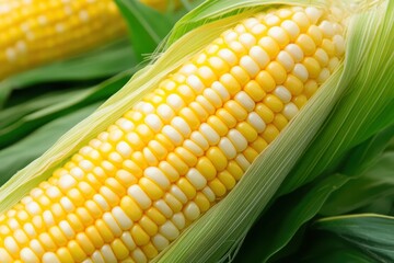 Close-up View of Fresh Yellow and White Corn on the Cob in Green Leaves