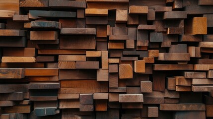 Wall covered in a mosaic of various wooden blocks of different shapes and sizes, creating a textured and artistic pattern