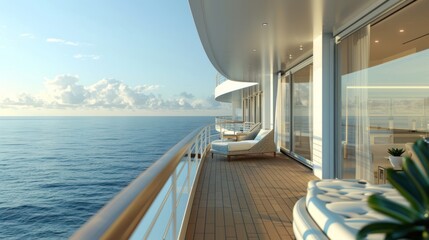 Fototapeta premium A spacious cruise ship suite, featuring a private balcony and luxurious interiors with ocean views,