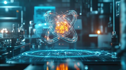 Obraz premium A futuristic lab with a close-up view of an atom, glowing brightly with intricate molecular designs.