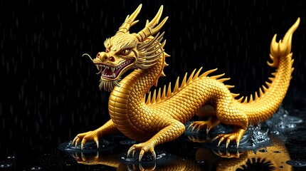 Fototapeta premium Majestic Golden Dragon Statue in the Rain A Captivating Display of Mythical Power and Elegance