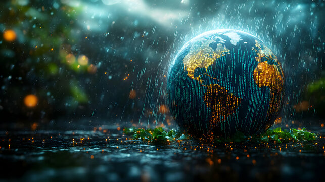 Glossy Earth with Binary Code Rain on Dark Background for Data Network Concept