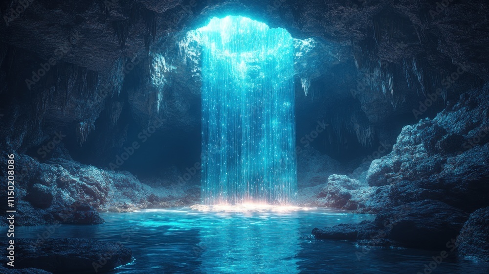 Poster glowing waterfall cascading into a subterranean pool within a dark cave.