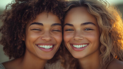 Fototapeta premium Family sharing a hearty laugh together on a sunny day capturing genuine joy and connection macro close up with copy space on right. concept as A joyful family sharing a hearty laugh together on a sunn