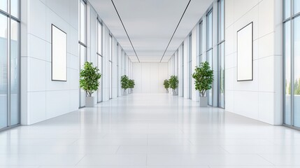 Fototapeta premium Modern hallway with large windows and indoor plants illuminating the space.