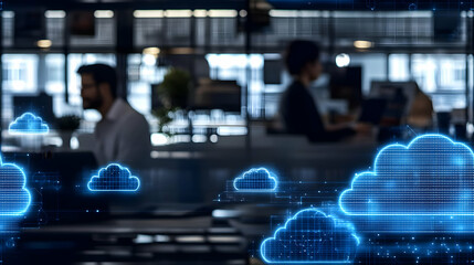 Obraz premium Plain background with cloud networking symbols and business tools with copy space concept as A plain background featuring cloud networking symbols alongside business tools like laptops and smartphones