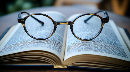 Macro Glasses on Open Book in Cozy Cafe - Study Environment with Copy Space for Branding