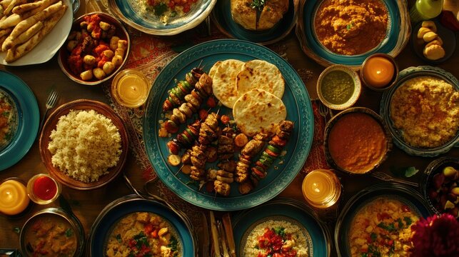 A vibrant spread of Turkish cuisine featuring traditional flavors like lula kebab, bulgur, and pita bread on a festive dining table