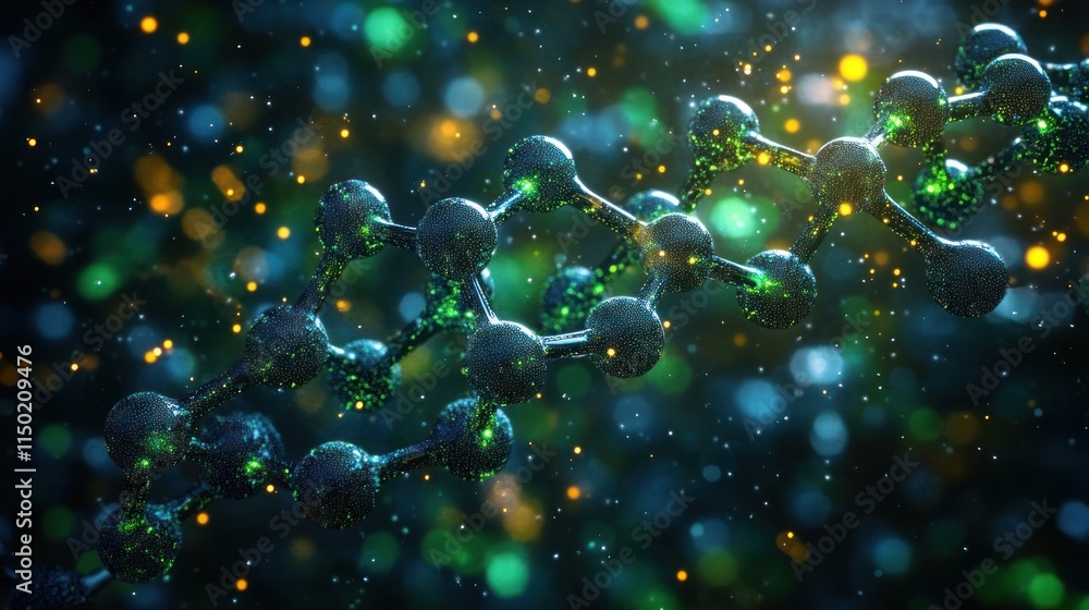 Poster abstract 3d rendering of a molecule, glowing with green and gold particles on dark background.
