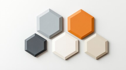 Obraz premium Modern Geometric Wall Art Featuring Hexagonal Shapes in Soft Gray, Orange, and Cream Colors against a Neutral Background for Stylish Interior Decor