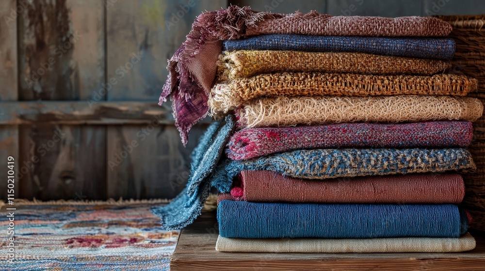 Poster vibrant textiles display artisan workshop photo collection cozy atmosphere close-up view craftsmansh