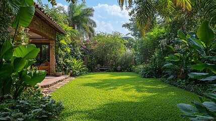 Obraz premium Lush Green Garden with Serene Atmosphere and Blue Sky