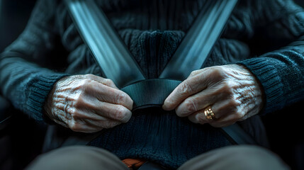 Fototapeta premium Macro Shot Caregiver Fastening Seatbelt for Elderly Person Emphasizing Safety and Support in Intergenerational Caregiving