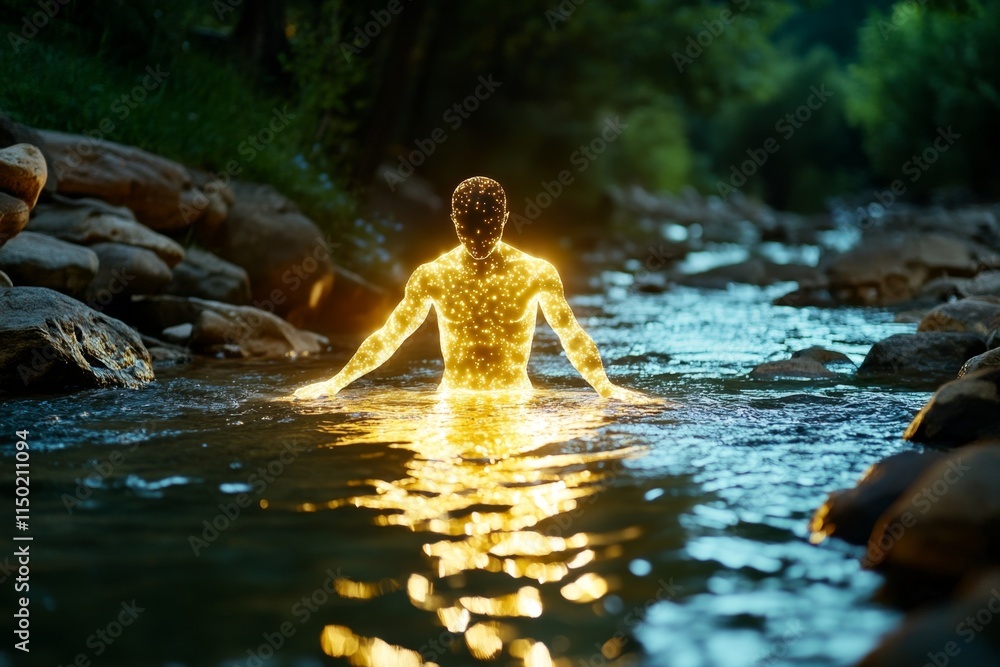 Poster a peaceful river scene with a glowing divine figure standing on the water, surrounded by soft light 