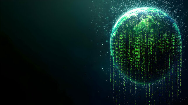 Glossy Earth with Binary Code Rain on Dark Background, Symbolizing Global Data Influx and Ample Copy Space
