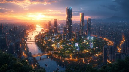 Fototapeta premium City Skyline at Sunset With Vibrant Lights Reflecting on the River Showcasing a Bustling Urban Landscape and Stunning Architecture
