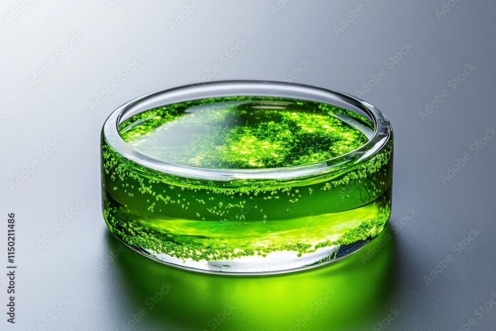 Poster a petri dish containing genetically modified algae glowing bright green under the light of a lab mic