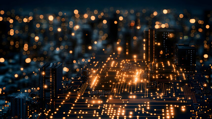 Obraz premium Glossy Circuit Board Background with Transparent Cityscape Overlay for Smart City Technology