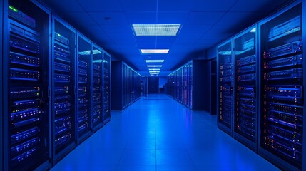 High-Tech Server Room with Blue Lighting
