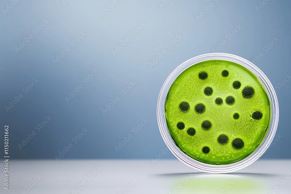 Poster a petri dish containing genetically modified algae glowing bright green under the light of a lab mic