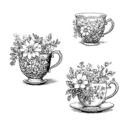 Tea cup floral alice in wonderland linocut black and white