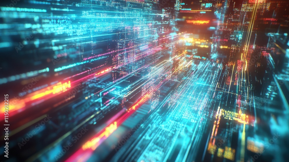 Poster abstract digital data flow in bright colors with glowing lines, creating a futuristic cyber environm