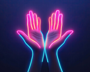 A pair of illuminated hands in neon pink and blue, set against a dark background, creating a striking visual contrast.