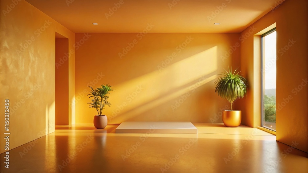 Poster Sunlit Minimalist Room with Plants and Empty Display Platform