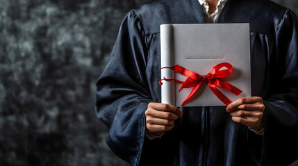 Graduate holding diploma with plain light background copy space on left concept as A graduate holding their diploma against a plain light background emphasizing academic success and personal pride wit