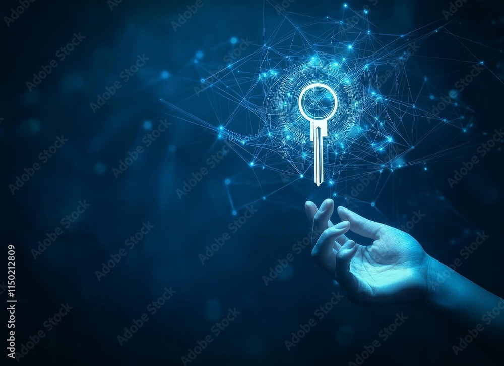 Poster hand reaches for digital key symbolizing security and technology in a virtual environment with conne