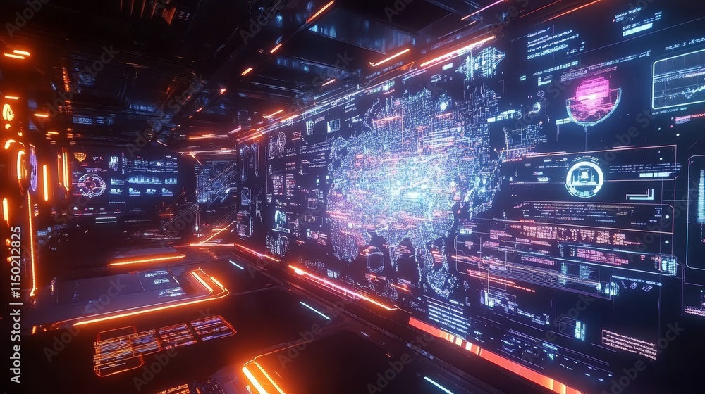 Poster futuristic control room filled with digital displays showcasing data and analytics in bright neon co
