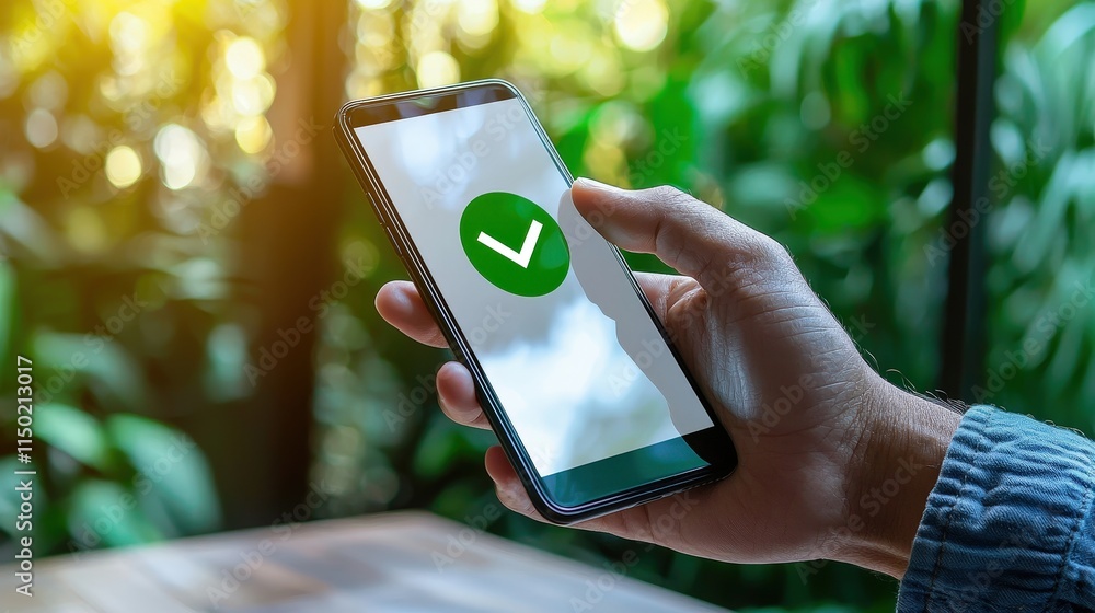 Poster hands holding a smartphone showing a green checkmark for submission