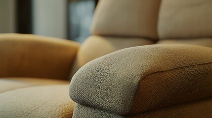 A tan couch with a brown arm rest