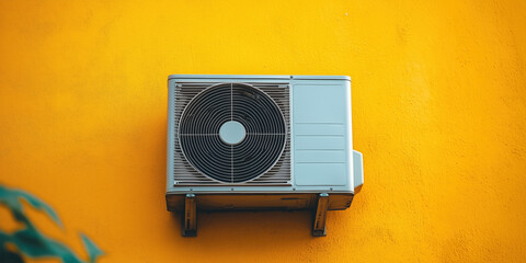 Air conditioner on orange wall with copyspace. Home climate equipment advertising