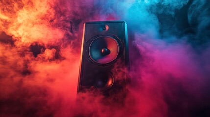 A single speaker emits sound within a vibrant, smoky atmosphere illuminated by red and blue...