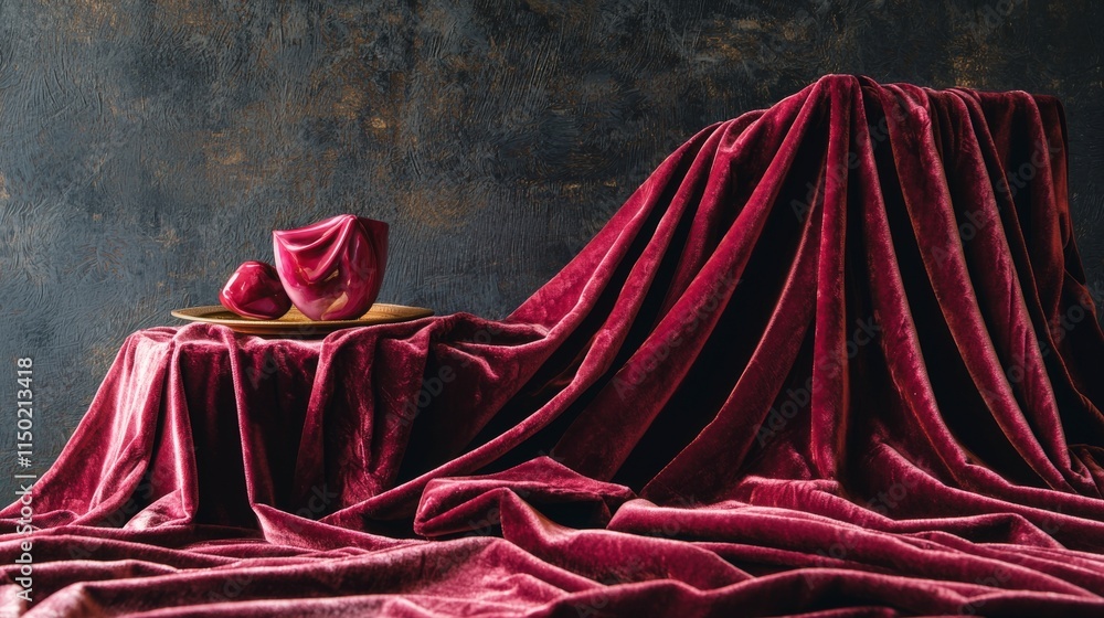 Poster Luxurious velvet fabric draped on table with fruits elegant setting tabletop display textured environment close-up view