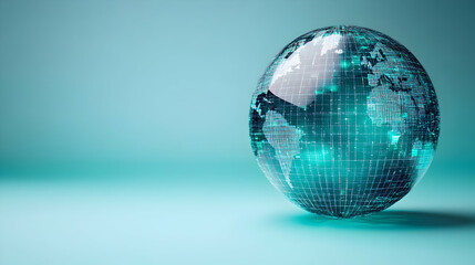 Glossy globe with digital grid and copy space on plain background concept as A glossy globe overlaid with a digital grid pattern sits against a plain background symbolizing global connectivity and the