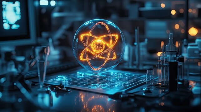 Close-up of a glowing atomic model in a futuristic nanotechnology lab, surrounded by advanced research tools.
