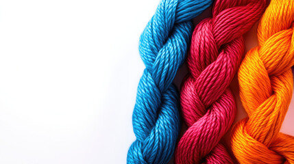 Colorful braided yarn in shades of blue, pink, and orange, arranged against a white background, showcasing vibrant textures and hues for crafting.