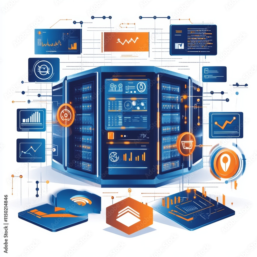 Poster digital data center with visual representations of analytics and technology in a vibrant and modern 